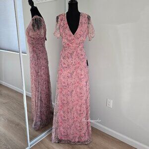 Lulus Pink Floral Flutter Sleeve Maxi Dress Small New With Tags & Flaw Snags